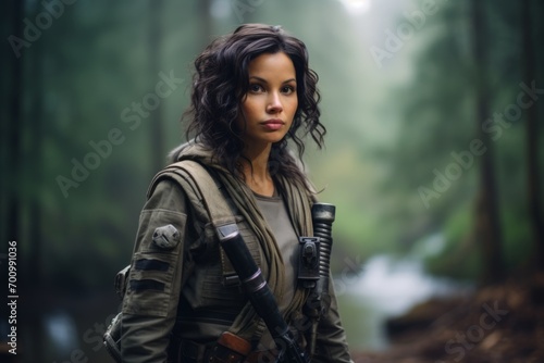 View of a beautiful woman with a machine gun in a forest.
