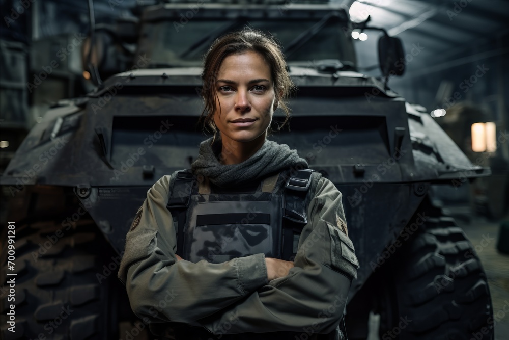 Portrait of a beautiful young woman soldier standing in front of military vehicle Portrait of a beautiful young woman soldier standing in front of military vehicle