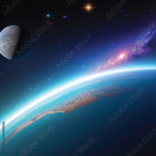 Ai generte a distant galaxy filled with small colorful stars, and meteorites, a blue Earth-like planet in the foreground, realistic, colorful, 4k, awesome © Puji