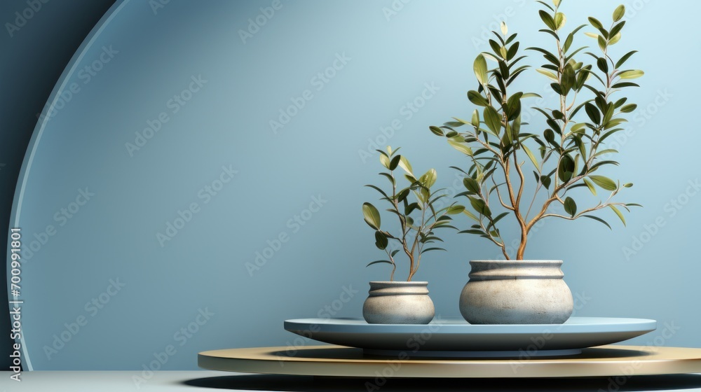 Light blue color podium and seaweed leaves are on the side of the podium Light blue color podium and seaweed leaves are on the side of the podium
