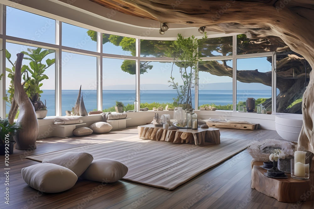 Coastal retreat yoga studio with driftwood decor, nautical elements, and large windows framing ocean views