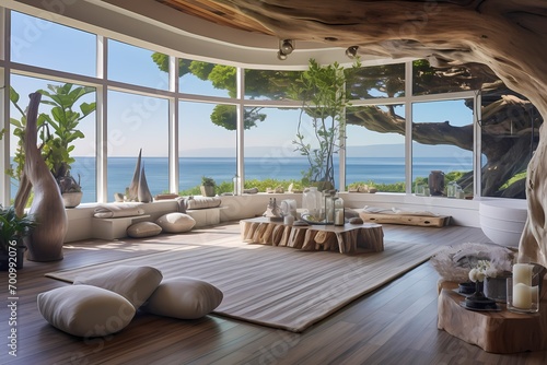 Coastal retreat yoga studio with driftwood decor  nautical elements  and large windows framing ocean views