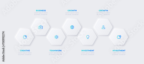 Neumorphic hexagons for infographic. Process visualization with 7 options, parts or steps