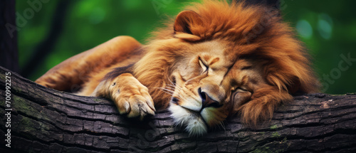 Majestic lion peacefully slumbering atop a sturdy tree branch.