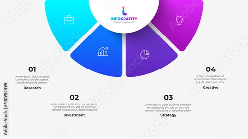 Semicircle pie chart divided into 4 parts. Concept of four features of startup project to select