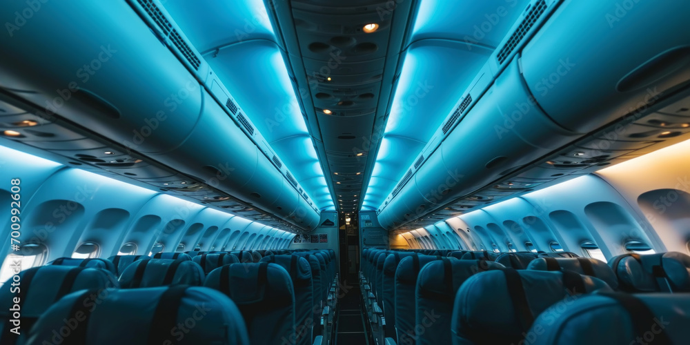 Interior empty cabin of a passenger civil aircraft, illuminated at night. Generative AI
