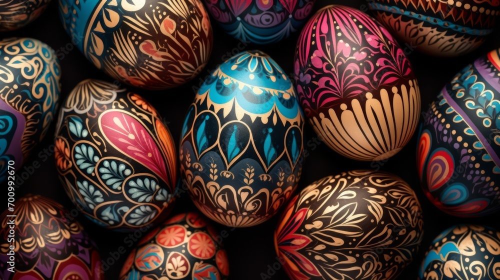Brightly colored Easter eggs background. Top view.