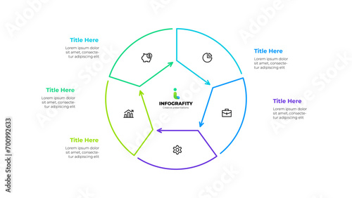 Outline cycle diagram divided into 5 sectors. Design concept of five steps or parts of business cycle. Infographic design template
