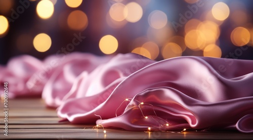 Pink fabric with lights on wooden table background