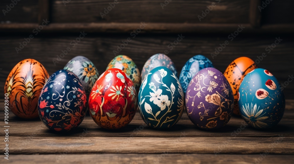 Colorful Easter eggs on wooden background. Happy Easter concept