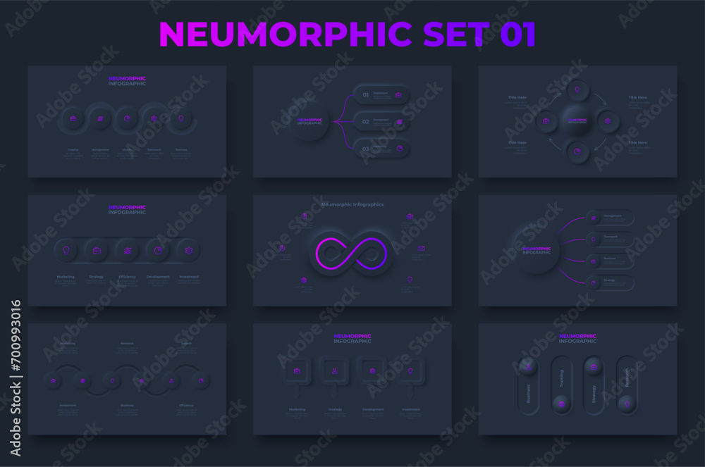 Dark neumorphism infographics elements. Timelines, rings, flowcharts and cycle diagrams. Set of Infograph concept with 3, 4, 5 and 6 options