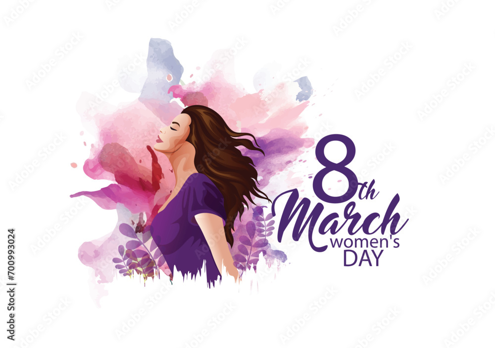 Woman's Day 8 March with Eight Number, leaves on purple background, international women day