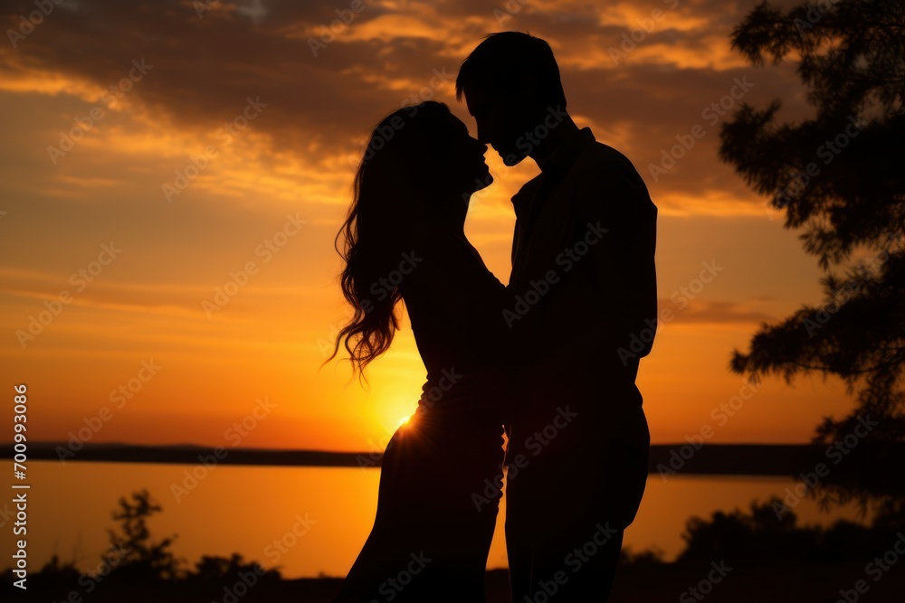 A silhouette of a couple embracing against the backdrop of a beautiful sunset