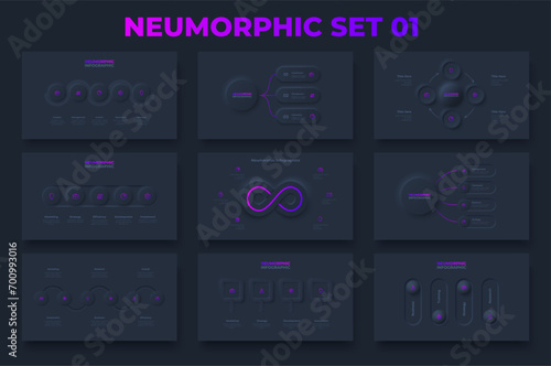Dark neumorphism infographics elements. Timelines, rings, flowcharts and cycle diagrams. Set of Infograph concept with 3, 4, 5 and 6 options