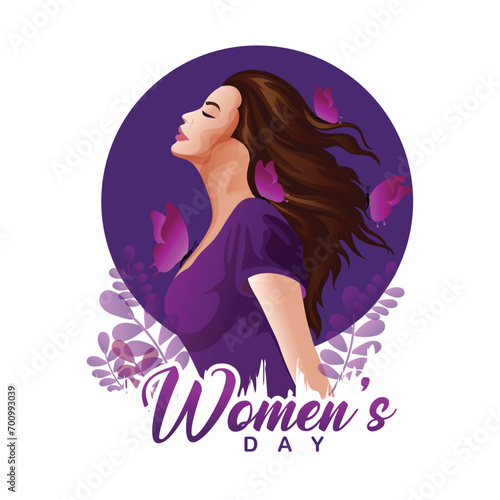 Woman s Day 8 March with Eight Number  leaves on purple background  international women day