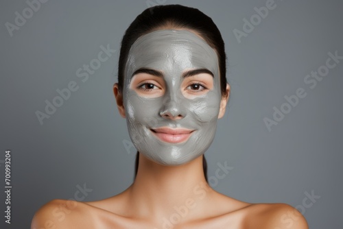 Woman with beauty face mask on solid background