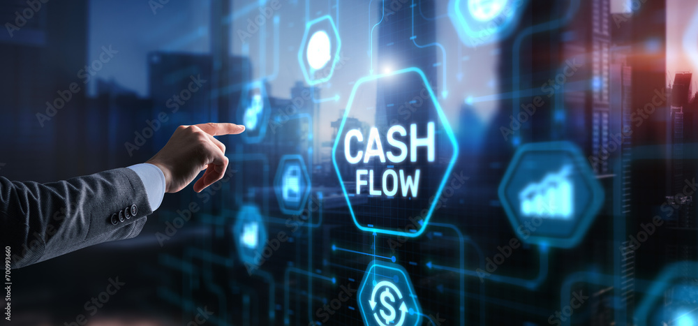 Cash flow button on virtual screen. Businessman drawing Cash Flow concept Cash flow button on virtual screen. Businessman drawing Cash Flow concept