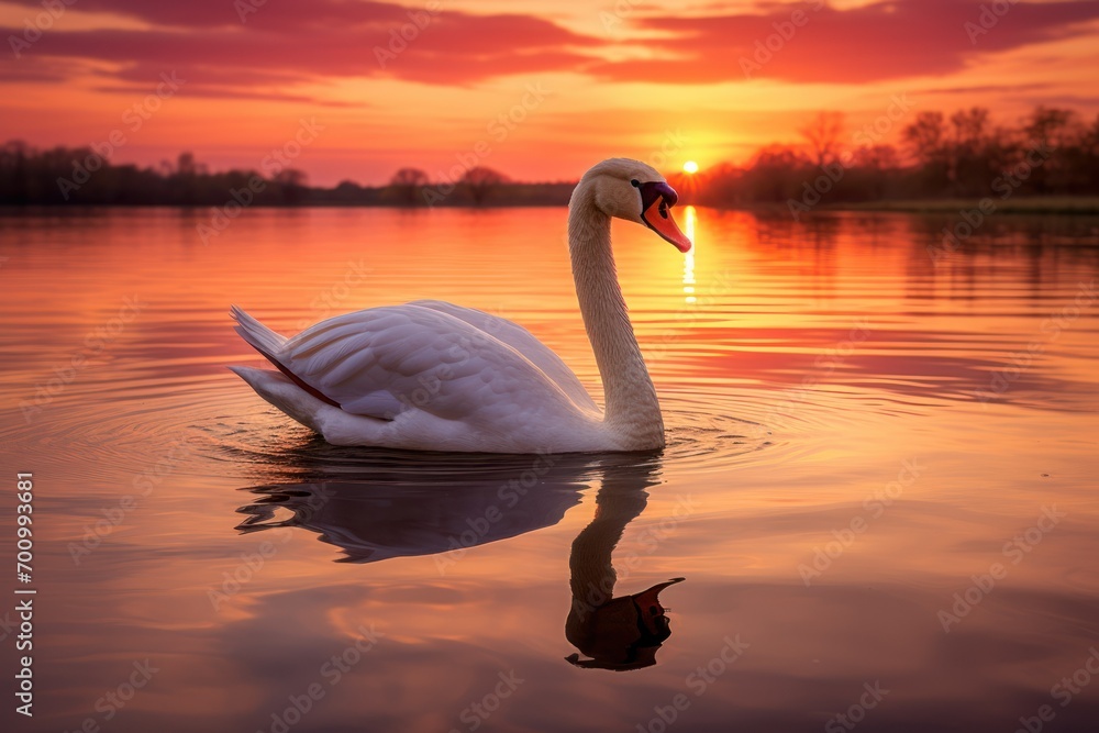 Photograph a graceful swan gliding across a tranquil lake at sunset Photograph a graceful swan gliding across a tranquil lake at sunset