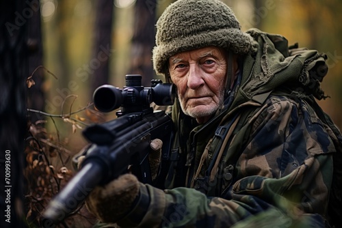 Portrait of an elderly man with a rifle in the autumn forest