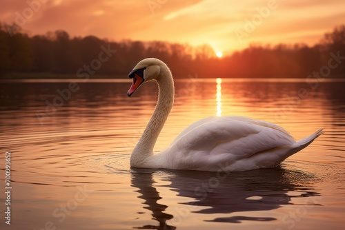 Fototapeta Naklejka Na Ścianę i Meble -  Photograph a graceful swan gliding across a tranquil lake at sunset