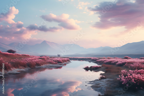 Calming Rhythms: Serene Sunset Over a Blossoming River Valley. Horizontal photo