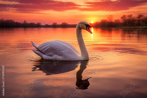 Photograph a graceful swan gliding across a tranquil lake at sunset