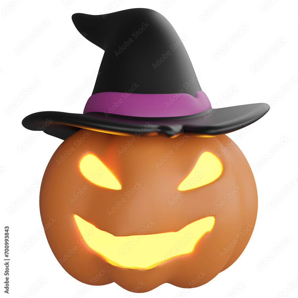 Witch pumpkin clipart flat design icon isolated on transparent background, 3D render Halloween concept