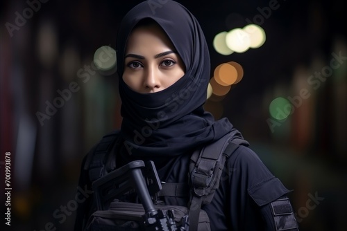 Portrait of a beautiful young muslim woman holding a gun at night