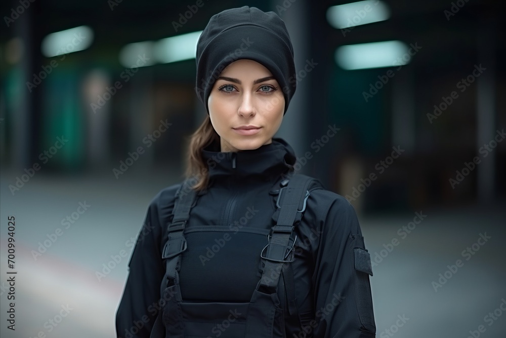 Portrait of a beautiful young woman in a black jacket and hood Portrait of a beautiful young woman in a black jacket and hood