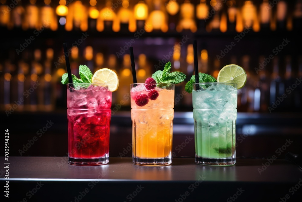 Different fresh alcoholic cocktails on counter in bar Different fresh alcoholic cocktails on counter in bar
