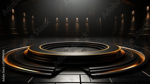 A circular podium in centre  studio lighting
