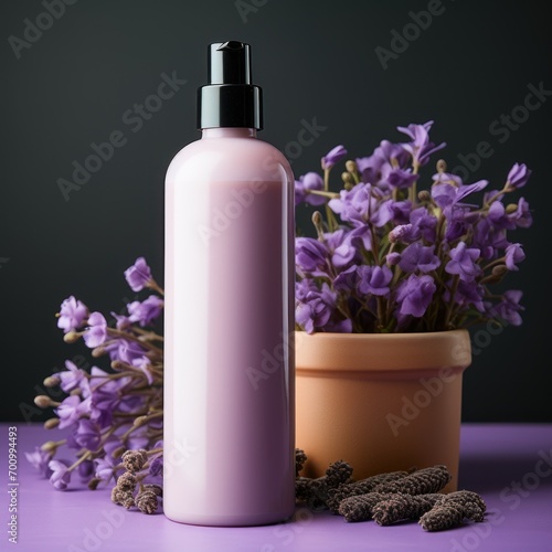 Conditioner bottle , cream, purple background, studio lighting, minimalistic