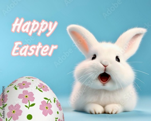 white happy bunny on soft blue background with Happy Easter lettering and white easter egg in pink flower
