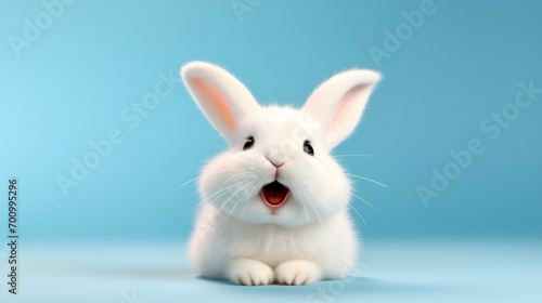 Happy White Smiling Easter Bunny on Light Blue Background, Soft Focus, Copy Space