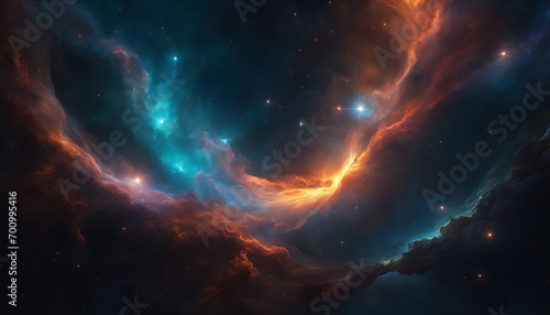 Abstract representation of a celestial nebula with vibrant, swirling colors and cosmic dust particles © Simo