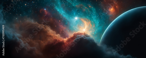 Abstract representation of a celestial nebula with vibrant  swirling colors and cosmic dust particles