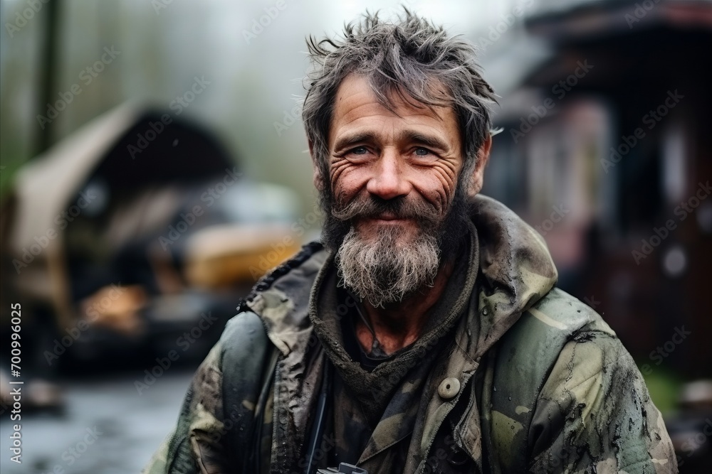 Portrait of a homeless man with a beard and mustache on the street Portrait of a homeless man with a beard and mustache on the street