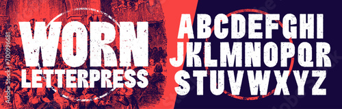 Textured Font with a Worn Letterpress texture. Bold condensed font. Highly detailed individually textured characters