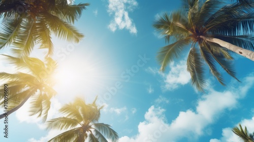 Blue sky and palm trees view from below, tropical beach and summer background © Kate Mova