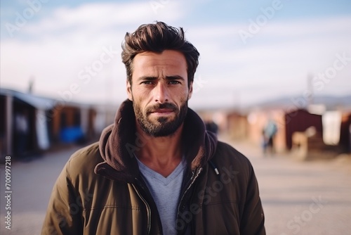 Portrait of handsome young man with beard looking at camera outdoors.