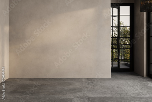 Modern contemporary empty room yard view 3d render overlooking the living room behind the room has concrete floors  beige walls for copy space  sunlight enter the room.