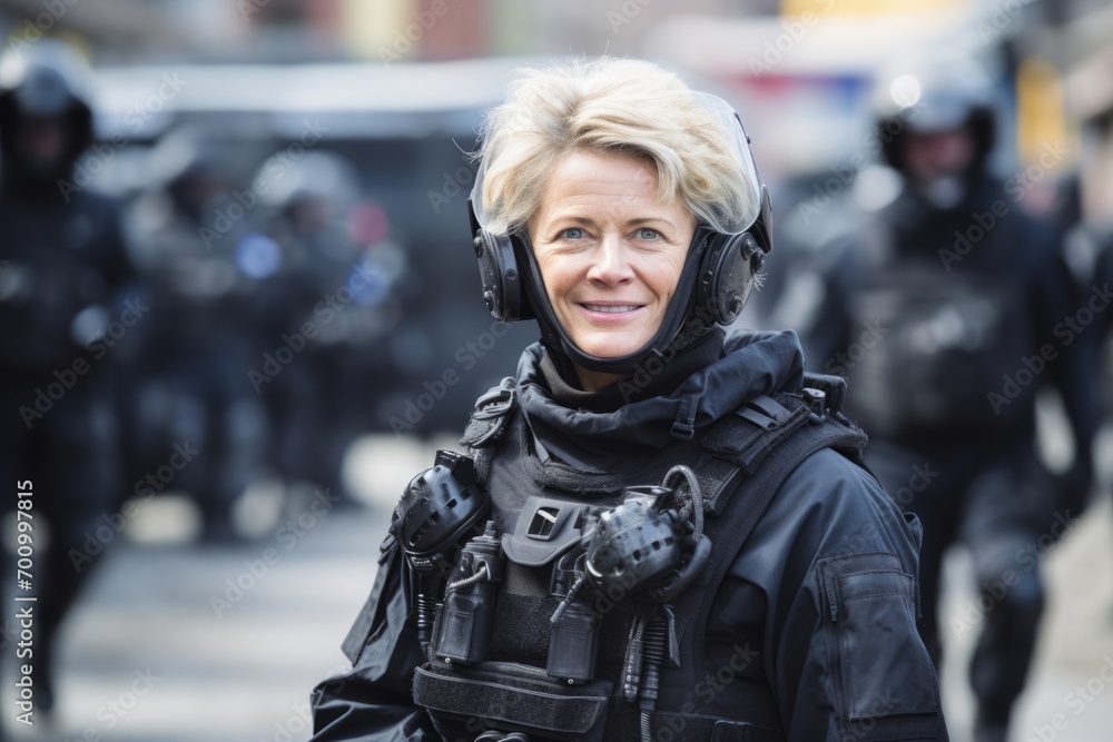 Portrait of mature woman in helmet and glasses on background of riot police