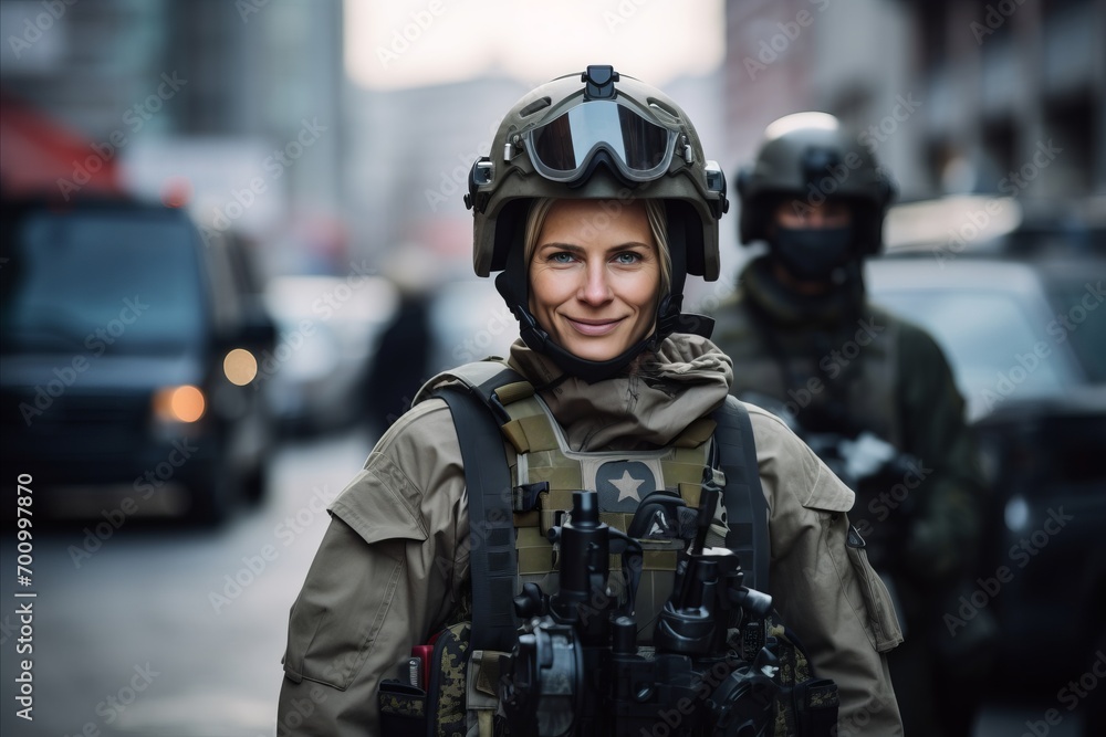 Portrait of female soldier with binoculars on the city street Portrait of female soldier with binoculars on the city street