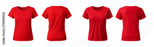 realistic set of female red t-shirts mockup front and back view isolated on a transparent background, cut out