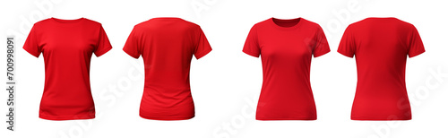 realistic set of female red t-shirts mockup front and back view isolated on a transparent background, cut out photo