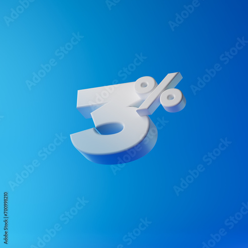 White three percent or 3 % isolated over blue background. 3D rendering.