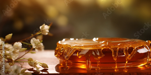 bowl overflowing with honey, honey flowing, on the table, wild flowers around, presentation organic, natural, honey product,