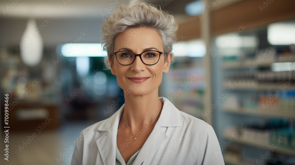 Smiling Mature Businesswoman, a Professional Pharmacist in Lab Coat, Managing Drugstore and Beauty Shop Showing Expertise in Cosmetics, Dermatology, and Pharmacy Business. Smiling Mature Businesswoman, a Professional Pharmacist in Lab Coat, Managing Drugstore and Beauty Shop Showing Expertise in Cosmetics, Dermatology, and Pharmacy Business.