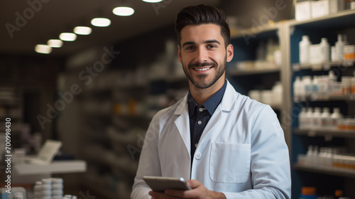 Smiling Handsome Businessman in White Lab Coat Holding Tablet at Drugstore. Pharmacist Ordering Cosmetic Products and Medicines On-line.