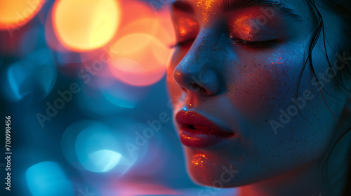 Night Glamour Close-Up of a Young Woman in Shiny Makeup in Bokeh Lights, Adding Vibrance to the Disco Night.